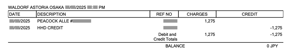 レストラン25%割引とホテルクレジットを併用した際の領収書